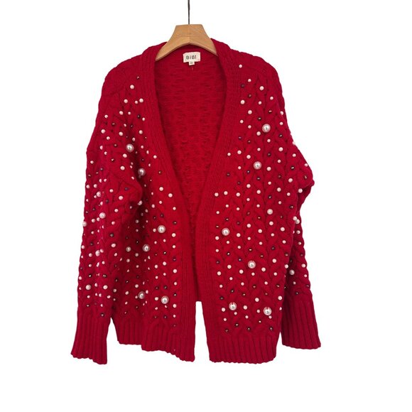 BiBi Red Beaded & Pearl Embellished Cable Knit Cardigan Sweater size XL open - Picture 2 of 7